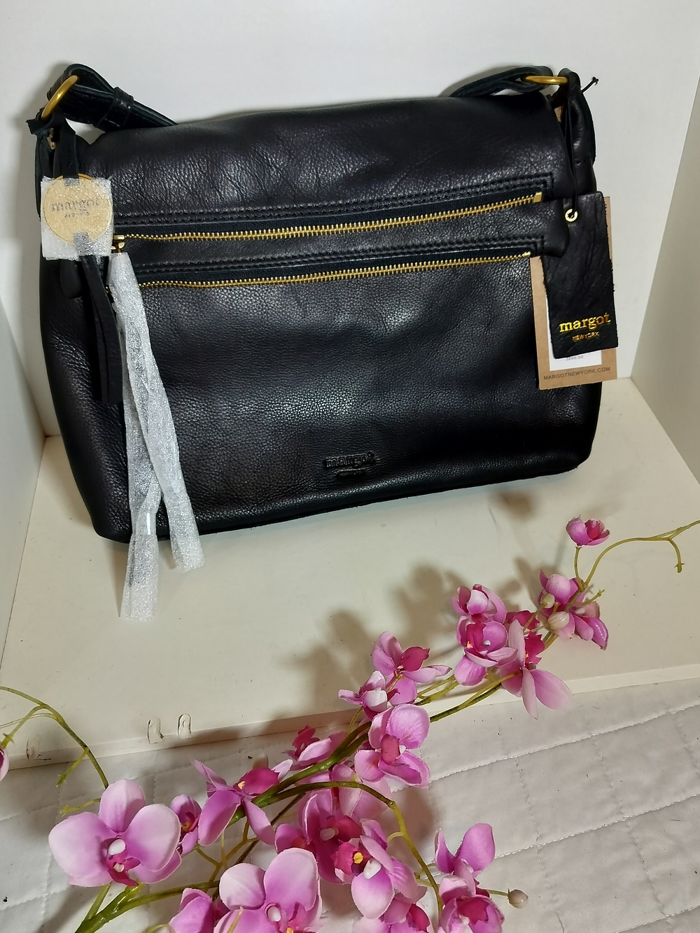 margot Black Leather Shoulder Bag with Gold Accents